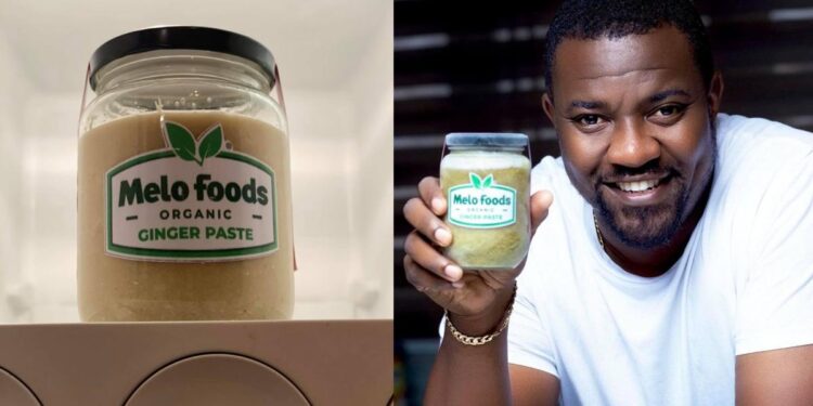 Ghanaians applaud John Dumelo for turning ginger from his farm into ginger paste (photos)