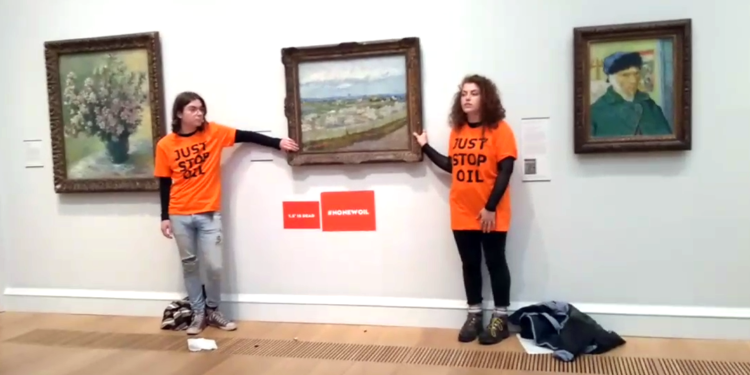 Climate Activists Glue Themselves to Van Gogh Painting in London | Smart News Climate Activists Glue Themselves to Van Gogh Painting in London | Smart News