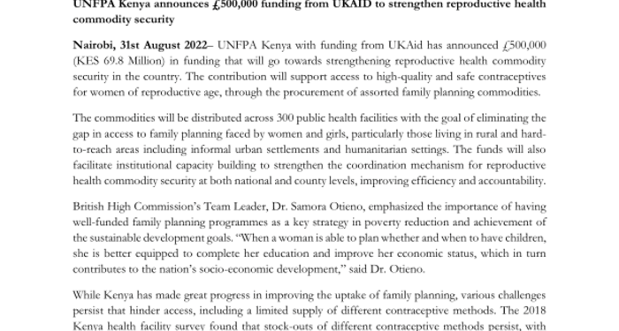 UNFPA Kenya announces £500,000 funding from UKAID to strengthen reproductive health commodity security – Kenya UNFPA Kenya announces £500,000 funding from UKAID to strengthen reproductive health commodity security – Kenya