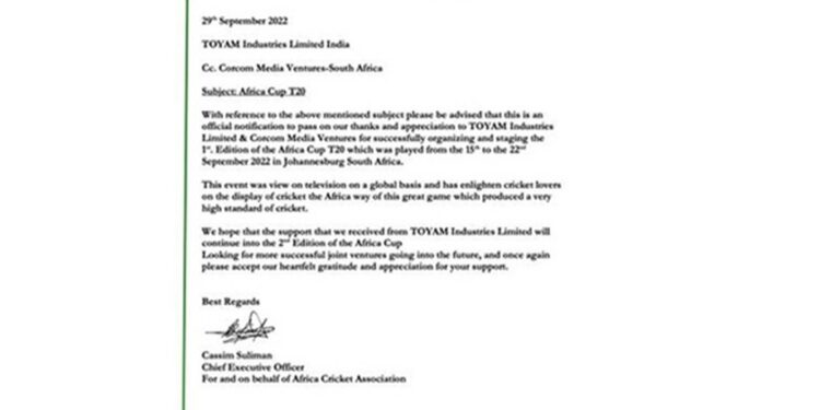 African Cricket Association lauds Toyam Industries Ltd efforts in concluding Africa Cup T20 African Cricket Association lauds Toyam Industries Ltd efforts in concluding Africa Cup T20