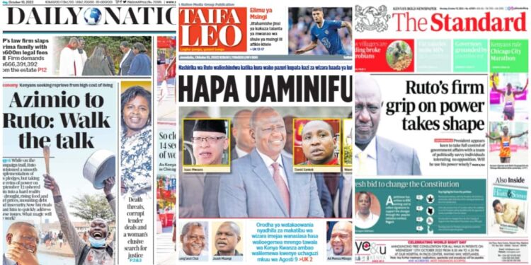 Kenyan Newspapers, October 10: Rigathi Gachagua Hints KK Loyalists Will Be Rewarded Before Latecomers
