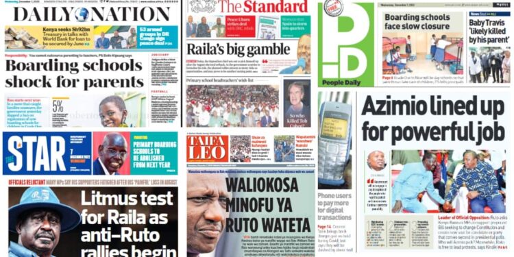 Kenyan Newspapers Review for Wednesday, December 7: Disquiet in Ruto’s Gov’t as Allies Blame President